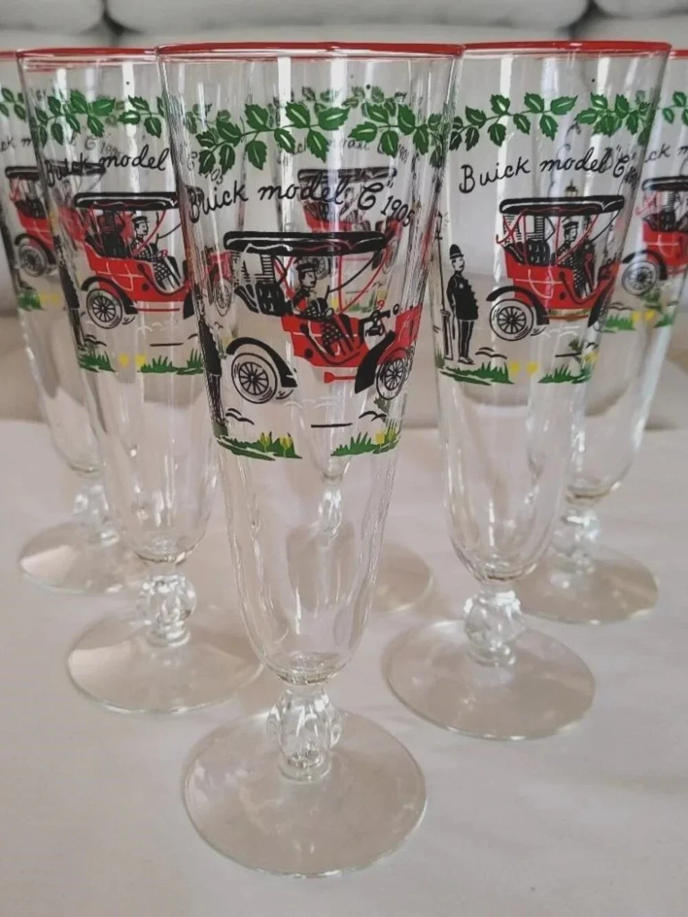 6 Retro Libbey Artistic Pilsner Glasses 1905 Model C Buick Red Green Black 10oz